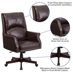 Merrick Lane Ergonomic Executive Office Chair With High Pillowed Back & Rolled Arms In Brown Faux Leather With Mahogany Finish Base 19 Merrick Lane Ergonomic Executive Office Chair With High Pillowed Back & Rolled Arms In Brown Faux Leather With Mahogany Finish Base -WorkHaven Sales Shop GUEST 01541186 58ce 4380 8c08 5cfe98857d45