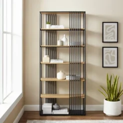 79" Modern 6 Shelf With Metal Bar Bookcase Coastal Oak/Black - Saracina Home 11 79" Modern 6 Shelf With Metal Bar Bookcase Coastal Oak/Black - Saracina Home -WorkHaven Sales Shop GUEST 03b6b14d 2b21 499f 860f 2782f5320208