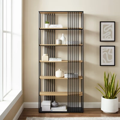 79" Modern 6 Shelf With Metal Bar Bookcase Coastal Oak/Black - Saracina Home 4 79" Modern 6 Shelf With Metal Bar Bookcase Coastal Oak/Black - Saracina Home - Image 4