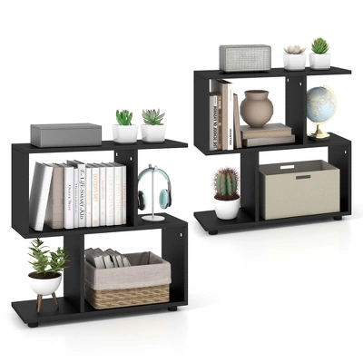 Costway 2 PCS 2-Tier Bookshelf Free Standing Wooden Display S-Shaped Shelf Storage Rack Black/Brown 10 Costway 2 PCS 2-Tier Bookshelf Free Standing Wooden Display S-Shaped Shelf Storage Rack Black/Brown - Image 10