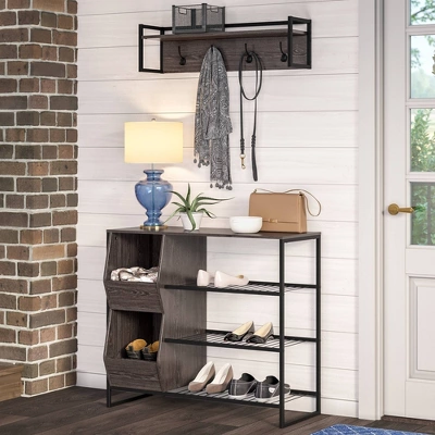 Afton 4 Hook Metal Frame Wall Shelf Woodgrain - RiverRidge Home 2 Afton 4 Hook Metal Frame Wall Shelf Woodgrain - RiverRidge Home - Image 2