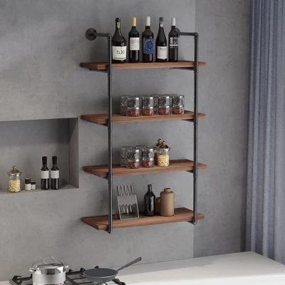 HOMCOM 4-Tier Industrial Pipe Shelves Floating Wall Mounted Bookshelf, Metal Frame Display Rack, 1.25" Thickness Shelving Unit Kitchen, Bar, Brown 2 HOMCOM 4-Tier Industrial Pipe Shelves Floating Wall Mounted Bookshelf, Metal Frame Display Rack, 1.25" Thickness Shelving Unit Kitchen, Bar, Brown - Image 2