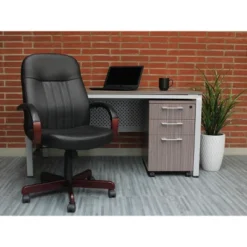 Leatherplus Exec. Chair With Mahogany Finish Black - Boss Office Products