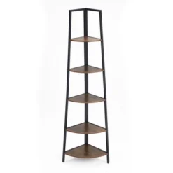JOMEED 5 Shelf Industrial Corner Etagere Ladder Bookcase For Corner Spaces In Apartments, Studios, Offices, And Living Rooms, Black And Brown Wood