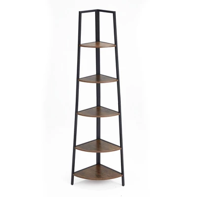 JOMEED 5 Shelf Industrial Corner Etagere Ladder Bookcase For Corner Spaces In Apartments, Studios, Offices, And Living Rooms, Black And Brown Wood 1 JOMEED 5 Shelf Industrial Corner Etagere Ladder Bookcase For Corner Spaces In Apartments, Studios, Offices, And Living Rooms, Black And Brown Wood