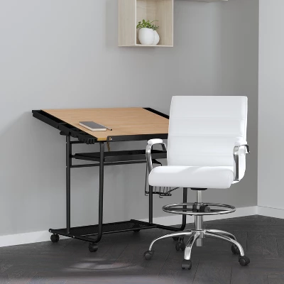 Merrick Lane Mid-Back Drafting Chair With Adjustable Foot Ring Faux Leather Upholstered Swivel Chair With Chrome Base 1 Merrick Lane Mid-Back Drafting Chair With Adjustable Foot Ring Faux Leather Upholstered Swivel Chair With Chrome Base