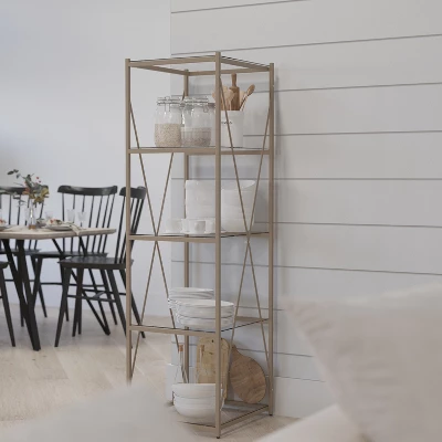 Merrick Lane 64" Modern Bookshelf Glass 4-Shelf Bookcase With Powder Coated Matte Gold Cross Braced Frame 3 Merrick Lane 64" Modern Bookshelf Glass 4-Shelf Bookcase With Powder Coated Matte Gold Cross Braced Frame - Image 3