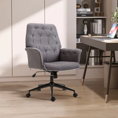 HOMCOM Vinsetto Modern Mid-Back Tufted Linen Home Office Desk Chair With Arms, Swivel Adjustable Task Chair, Upholstery Accent Chair With Soft Seat, Gray 2 HOMCOM Vinsetto Modern Mid-Back Tufted Linen Home Office Desk Chair With Arms, Swivel Adjustable Task Chair, Upholstery Accent Chair With Soft Seat, Gray - Image 2