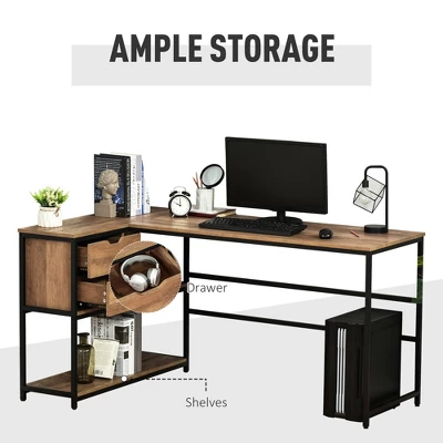 HOMCOM L-Shaped Home Office Writing Desk With Storage Shelf Drawer Industrial Corner PC Study Table Computer Workstation Brown 2 HOMCOM L-Shaped Home Office Writing Desk With Storage Shelf Drawer Industrial Corner PC Study Table Computer Workstation Brown - Image 2