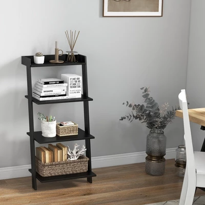 Costway 4-Tier Ladder Shelf Leaning Bookshelf WithAnti-falling Baffle Wood Bookcase Black/White 1 Costway 4-Tier Ladder Shelf Leaning Bookshelf WithAnti-falling Baffle Wood Bookcase Black/White