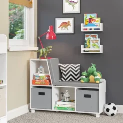 RiverRidge Home Kids’ Book Nook Bench With Cubbies And 2 Bonus 10'' Floating Wall Bookshelves White - RiverRidge