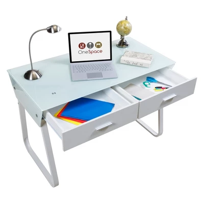 Ultramodern Glass Computer Desk With Drawers Steel Frame White - OneSpace 4 Ultramodern Glass Computer Desk With Drawers Steel Frame White - OneSpace - Image 4