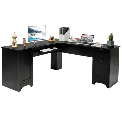 Costway L-Shaped Corner Computer Desk Writing Table Study Workstation Drawers BlackBrown 11 Costway L-Shaped Corner Computer Desk Writing Table Study Workstation Drawers BlackBrown - Image 11