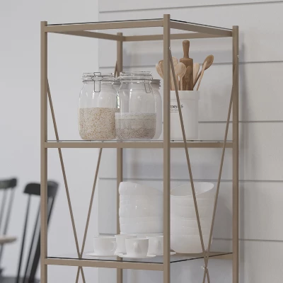 Merrick Lane 64" Modern Bookshelf Glass 4-Shelf Bookcase With Powder Coated Matte Gold Cross Braced Frame 4 Merrick Lane 64" Modern Bookshelf Glass 4-Shelf Bookcase With Powder Coated Matte Gold Cross Braced Frame - Image 4