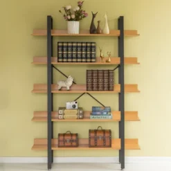 Fabulaxe Industrial 5 Shelf Wood And Metal Etagere Rustic Bookcase Free Standing Bookshelf