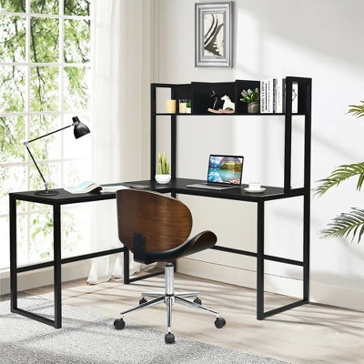 Costway 55'' L-Shaped Desk Corner Computer Desk W/Hutch Black 3 Costway 55'' L-Shaped Desk Corner Computer Desk W/Hutch Black - Image 3