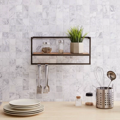 17" X 7.9" Floating Industrial Wood Wall Shelf With Metal Towel Bar Black - Danya B. 6 17" X 7.9" Floating Industrial Wood Wall Shelf With Metal Towel Bar Black - Danya B. - Image 6