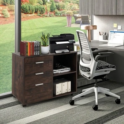 Costway 3-Drawer Wood File Cabinet Mobile Lateral Printer Stand With Open Storage Shelves 2 Costway 3-Drawer Wood File Cabinet Mobile Lateral Printer Stand With Open Storage Shelves - Image 2