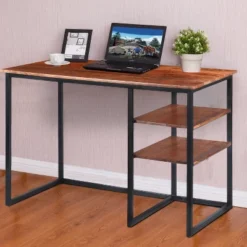 45" Tubular Metal Frame Desk With Wooden Top And 2 Side Shelves Brown/Black - The Urban Port 5 45" Tubular Metal Frame Desk With Wooden Top And 2 Side Shelves Brown/Black - The Urban Port -WorkHaven Sales Shop GUEST 3274ca4c 010c 4e51 a0c7 f19712f7e679