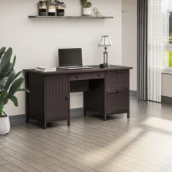 HOMCOM Vintage Executive Computer Desk, Home Office Work Station, Student Table With Cabinet & 3 Drawers For Hanging Files