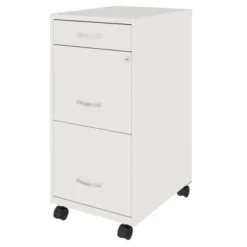 Space Solutions 18 Inch Wide Metal Mobile Organizer File Cabinet For Office Supplies And Hanging File Folders W/ Pencil Drawer & 3 File Drawers, White