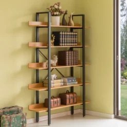 Fabulaxe Industrial 5 Shelf Wood And Metal Etagere Rustic Bookcase Free Standing Bookshelf -WorkHaven Sales Shop GUEST 3f3e8691 2ca7 4807 9900 4f60877773cc