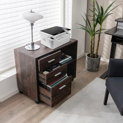 Costway 3-Drawer Wood File Cabinet Mobile Lateral Printer Stand With Open Storage Shelves 4 Costway 3-Drawer Wood File Cabinet Mobile Lateral Printer Stand With Open Storage Shelves - Image 4