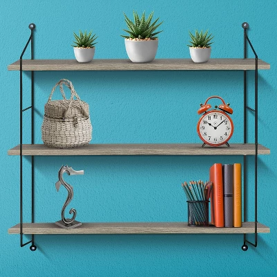 Sorbus Wall Mounted Rustic Wood Shelf With Metal Brackets (Gray) 3 Sorbus Wall Mounted Rustic Wood Shelf With Metal Brackets (Gray) - Image 3
