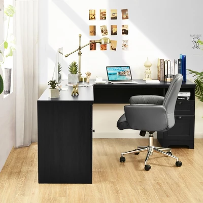 Costway L-Shaped Corner Computer Desk Writing Table Study Workstation W/ Drawers Storage Black 3 Costway L-Shaped Corner Computer Desk Writing Table Study Workstation W/ Drawers Storage Black - Image 3
