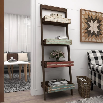 70" Wood 4 Shelf Leaning Shelf Book Shelf Brown - Olivia & May 15 70" Wood 4 Shelf Leaning Shelf Book Shelf Brown - Olivia & May - Image 15