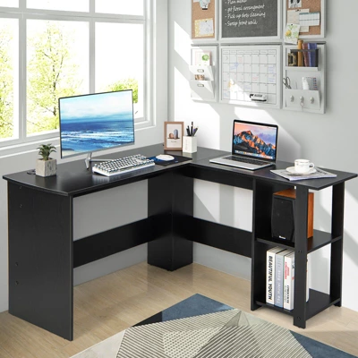 Tangkula L-Shaped Office Computer Desk W/ Spacious Desktop & 2-Tier Open Shelves Black 1 Tangkula L-Shaped Office Computer Desk W/ Spacious Desktop & 2-Tier Open Shelves Black