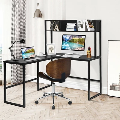 Costway 55'' L-Shaped Desk Corner Computer Desk W/Hutch Black 4 Costway 55'' L-Shaped Desk Corner Computer Desk W/Hutch Black - Image 4