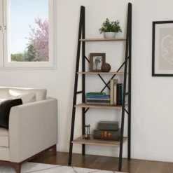 Hastings Home 4-Tier Ladder-Style Bookcase, Gray