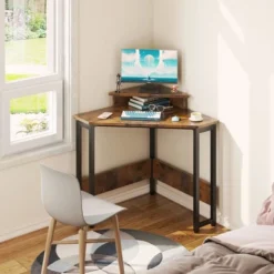 ODK Modern Wooden Triangle Corner Fit Computer Workstation Desk With Durable Steel Frame And Raised Monitor Stand -WorkHaven Sales Shop GUEST 52cccdd2 b4b2 4a06 81d7 cb40aa985345