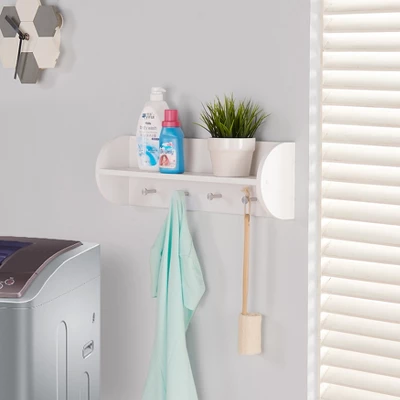 Danya B Utility Shelf With Four Large Stainless Steel Hooks White 1 Danya B Utility Shelf With Four Large Stainless Steel Hooks White