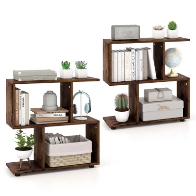 Costway 2 PCS 2-Tier Bookshelf Free Standing Wooden Display S-Shaped Shelf Storage Rack Black/Brown 11 Costway 2 PCS 2-Tier Bookshelf Free Standing Wooden Display S-Shaped Shelf Storage Rack Black/Brown - Image 11