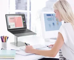 Front Page 42 Mount-It! Height Adjustable Laptop Stand For Desk | Properly Positions Head, Neck, Back & Wrists To Reduce Aches While Working | No Assembly Required