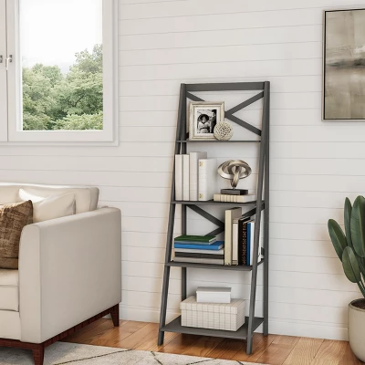 Lavish Home 4-Tier Ladder Bookshelf With X-Back Frame – Freestanding Bookcase, Gray 4 Lavish Home 4-Tier Ladder Bookshelf With X-Back Frame – Freestanding Bookcase, Gray - Image 4