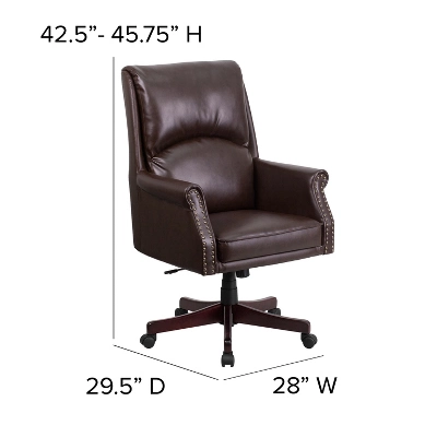 Merrick Lane Ergonomic Executive Office Chair With High Pillowed Back & Rolled Arms In Brown Faux Leather With Mahogany Finish Base 9 Merrick Lane Ergonomic Executive Office Chair With High Pillowed Back & Rolled Arms In Brown Faux Leather With Mahogany Finish Base - Image 9