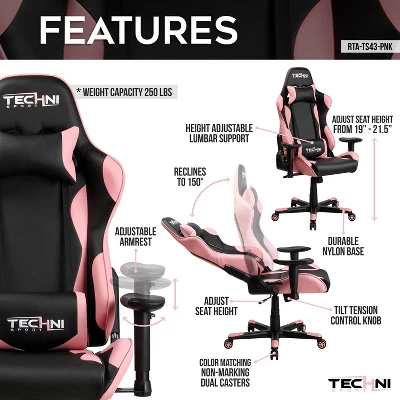 Ergonomic High Back Racer Style PC Gaming Chair Pink - Techni Sport 4 Ergonomic High Back Racer Style PC Gaming Chair Pink - Techni Sport - Image 4