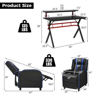 Costway Gaming Desk & Chair Set 48'' Computer Desk & Massage Recliner Chair Black + White/Blue/Pink/Red 2 Costway Gaming Desk & Chair Set 48'' Computer Desk & Massage Recliner Chair Black + White/Blue/Pink/Red - Image 2