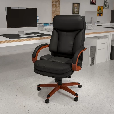 Flash Furniture High Back Black LeatherSoft Executive Ergonomic Office Chair With Synchro-Tilt Mechanism, Mahogany Wood Base And Arms 1 Flash Furniture High Back Black LeatherSoft Executive Ergonomic Office Chair With Synchro-Tilt Mechanism, Mahogany Wood Base And Arms