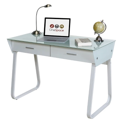 Ultramodern Glass Computer Desk With Drawers Steel Frame White - OneSpace 5 Ultramodern Glass Computer Desk With Drawers Steel Frame White - OneSpace - Image 5