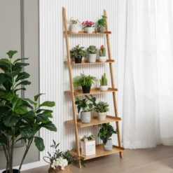 Costway 2 PCS 5-Tier Bamboo Ladder Shelf Wall-Leaning Display Bookcase Storage Rack