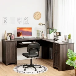 Costway L-Shaped Corner Computer Desk Writing Table Study Workstation Drawers BlackBrown