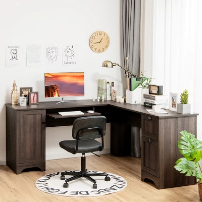 Costway L-Shaped Corner Computer Desk Writing Table Study Workstation Drawers BlackBrown 1 Costway L-Shaped Corner Computer Desk Writing Table Study Workstation Drawers BlackBrown