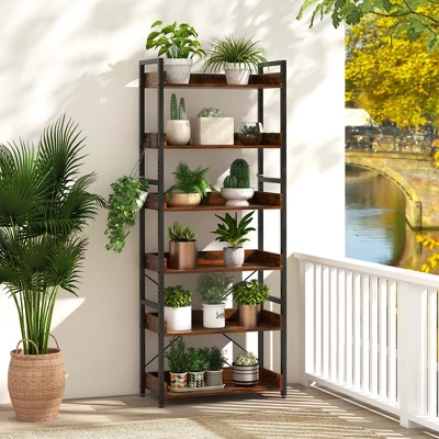 Costway 6-Tier Bookshelf Open Display Shelves Storage Rack Metal Frame With 4 Hooks Rustic 2 Costway 6-Tier Bookshelf Open Display Shelves Storage Rack Metal Frame With 4 Hooks Rustic - Image 2
