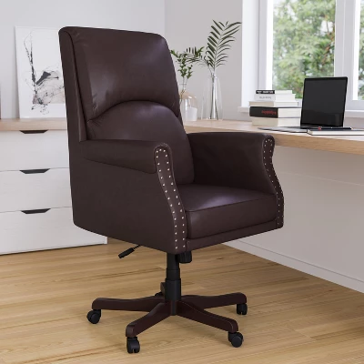 Merrick Lane Ergonomic Executive Office Chair With High Pillowed Back & Rolled Arms In Brown Faux Leather With Mahogany Finish Base 1 Merrick Lane Ergonomic Executive Office Chair With High Pillowed Back & Rolled Arms In Brown Faux Leather With Mahogany Finish Base