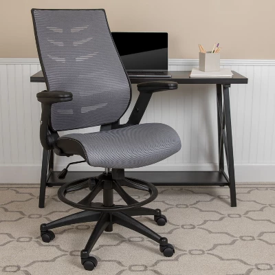 Flash Furniture High Back Mesh Spine-Back Ergonomic Drafting Chair With Adjustable Foot Ring And Adjustable Flip-Up Arms 1 Flash Furniture High Back Mesh Spine-Back Ergonomic Drafting Chair With Adjustable Foot Ring And Adjustable Flip-Up Arms
