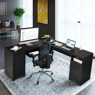 Costway L-Shaped Corner Computer Desk Writing Table Study Workstation W/ Drawers Storage Black 4 Costway L-Shaped Corner Computer Desk Writing Table Study Workstation W/ Drawers Storage Black - Image 4